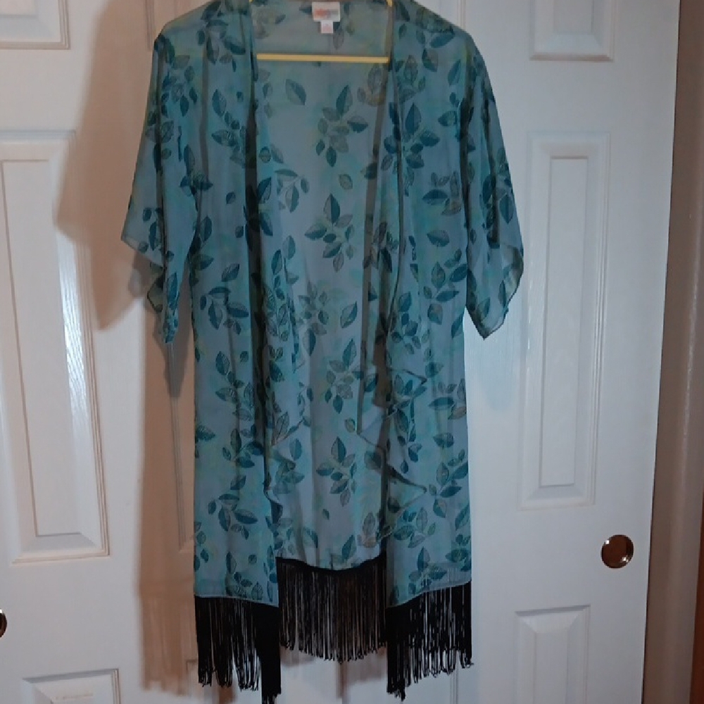 LuLaRoe Monroe Sheer Green Leaf Kimono with Fringe - S